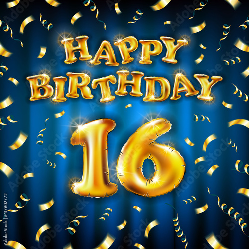 16 Happy Birthday message made of golden inflatable balloon sixteen letters isolated on blue background fly on gold ribbons with confetti. Happy birthday party balloons concept vector illustration