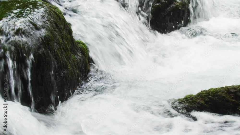 The source of the Zrmanja River with rapids on rock with moss, Croatia The source of the Zrmanja River with rapids on rock with moss, Croatia