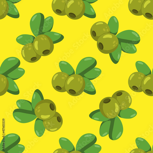 Green Olives seamless pattern on yellow background vector for kitchen towels design, home decor, diet and vegan cards, banners, wrapping paper, posters, scrapbooking, pillow and fabric. 