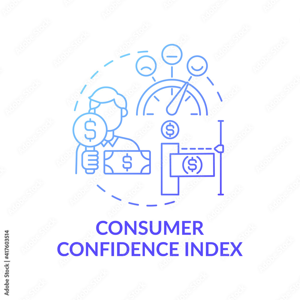 Consumer confidence index concept icon. Spending patterns and recession idea thin line illustration. Stimulate economy. Economic indicator. Vector isolated outline RGB color drawing Consumer confidence index concept icon. Spending patterns and recession idea thin line illustration. Stimulate economy. Economic indicator. Vector isolated outline RGB color drawing