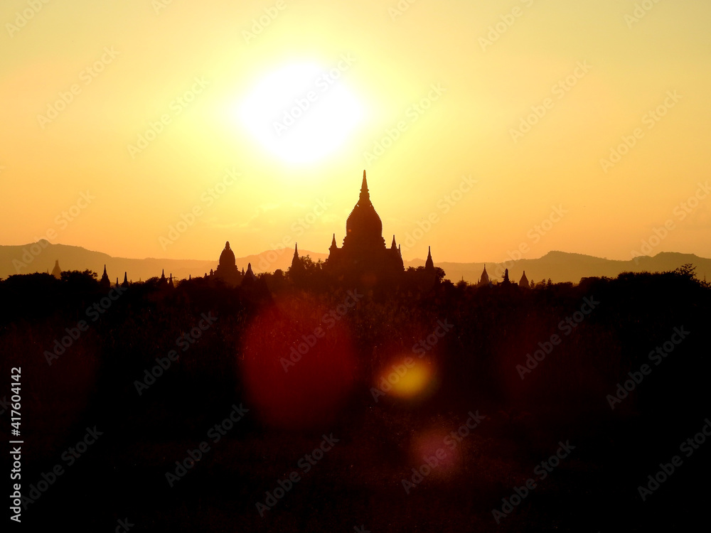Pagodas field at sunset Bagan , Myanmar