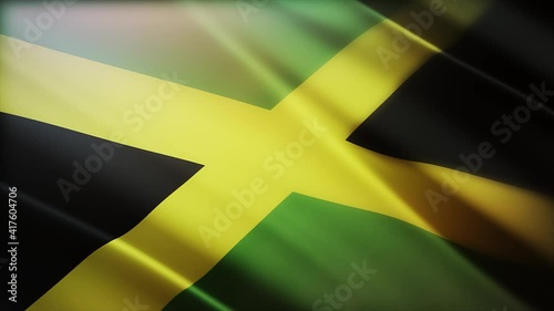 4k Jamaica National flag slow waving with visible wrinkles in Jamaican wind blue sky seamless loop background.A fully digital rendering;animation loops at 40 seconds;smooth texture. photo