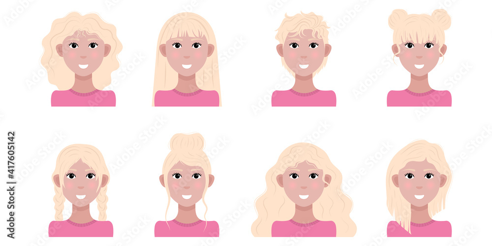 Set of girls with different blond hairstyles. Vector illustration.
