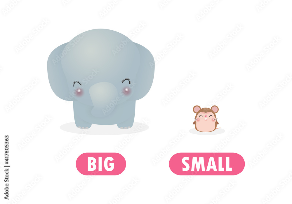 Opposite big and small Words antonym for children with cartoon characters  cute little rat with elephant, funny animal Flat vector illustration  isolated on white background Stock Vector | Adobe Stock