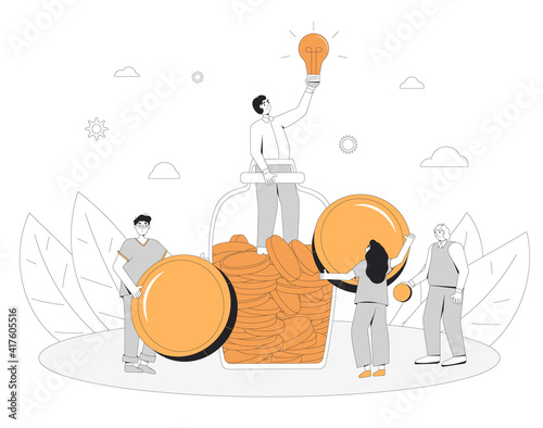 Cowdfunding concept. Characters with coins. Friends give a money for new project. Sturtup and cooperation.  Vector oline art illustration.
