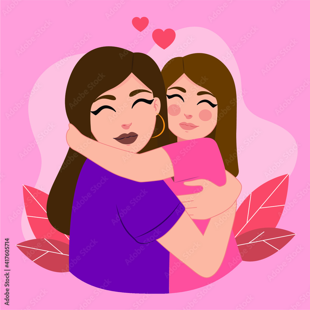 Beautiful mom and daughter giving each other a hug. Vector in EPS format. Beautiful mom and daughter giving each other a hug. Vector in EPS format.