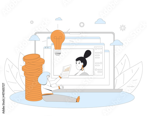 Financial literacy webinar concept. Investment advisor gives a course about retail trading, personal budget, balance, money savings. Vector  line art illustration.