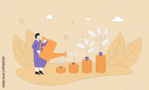 Profit concept. Business growth. Female retail investor with pot watering profitable money tree. Vector line art illustration.