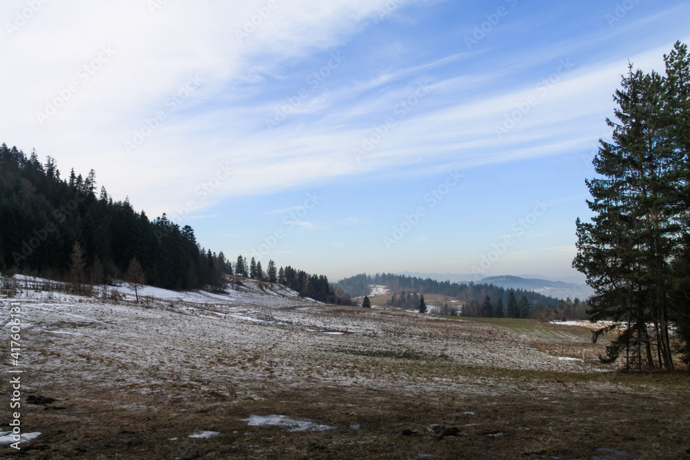 Panorama of low mountains in early spring - Gorce Panorama of low mountains in early spring - Gorce