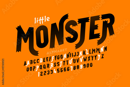 Kids cartoon playful style Little Monster font, typography design, alphabet, alternate letters and numbers
