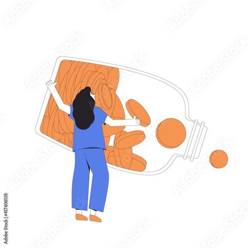 Spend money concept. Woman spread coins. Female person put her savings. Vector line art illustration.