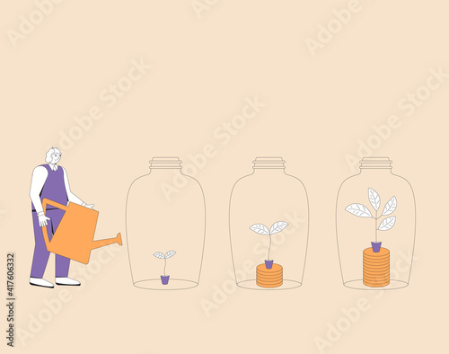 Profit concept.  Retirement fund. Business growth. Elderly man with pot watering profitable money tree. Vector line art illustration.