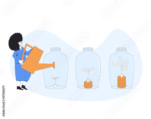 Profit concept. Business growth. Pot watering profitable money tree. Vector  line art illustration.