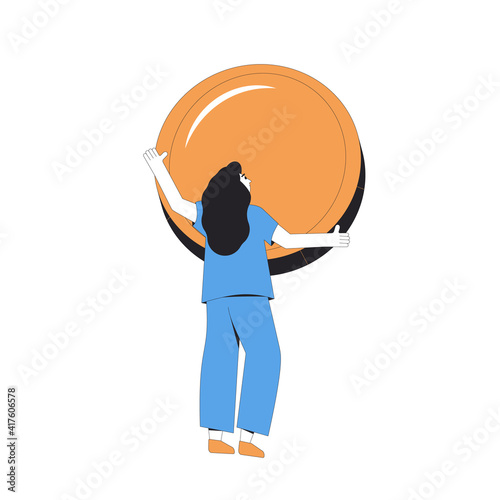 Woman with money. Young female haracter with huge coin isolated on white background. Vector line art illustration.