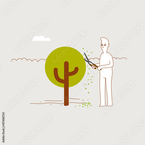 Man trimming tree with hedge shears, minimal vector illustration.