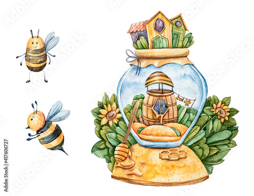 Watercolor cute cartoon bee houses. World honey bee day. Baby colorful nursery clip art on white background. Can be used for  poster  sublimation  print  greeting card  baby shower  book illustration.