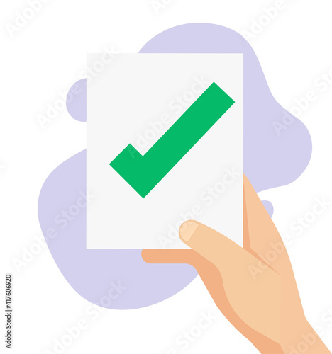 Document in hand with approved check mark icon vector flat cartoon illustration, idea of accepted file, correct success choice, paper sheet with passes result with checkmark concept modern design