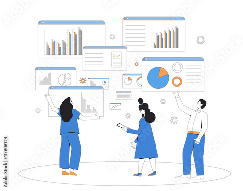 Data scientists. Business analyst concept. Characters with schemes and diagrams. Female and male financial researchers. Vector line art illustration.