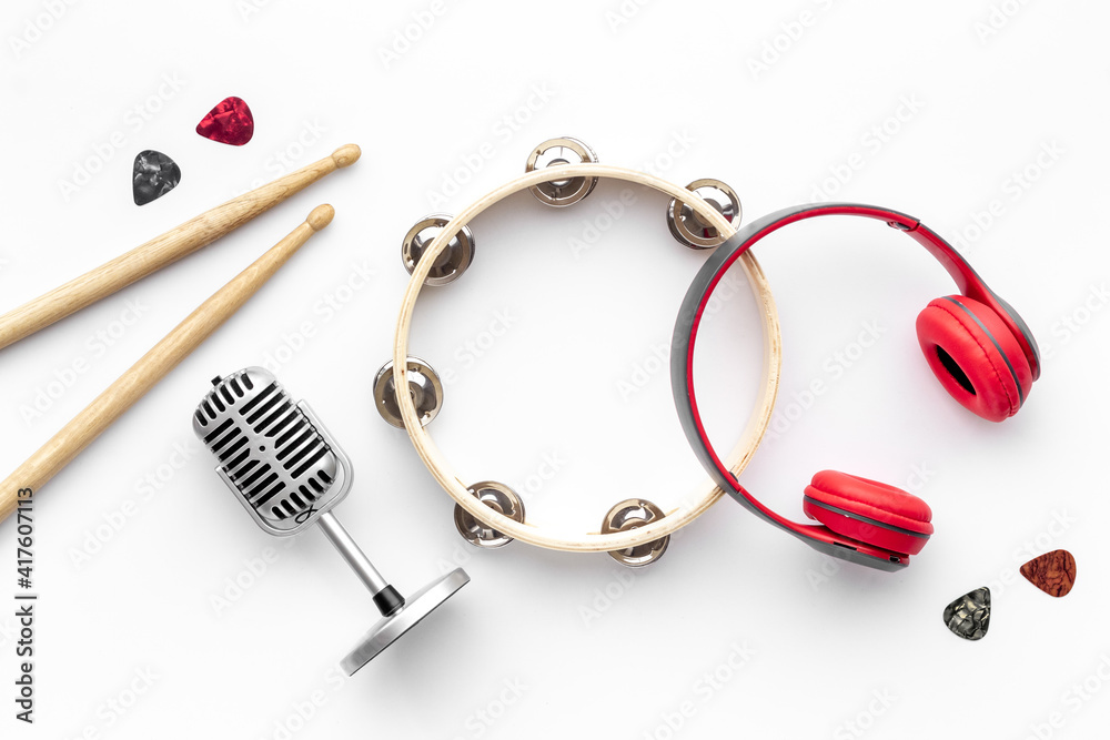 Set of musical instrument top view, flat lay Set of musical instrument top view, flat lay