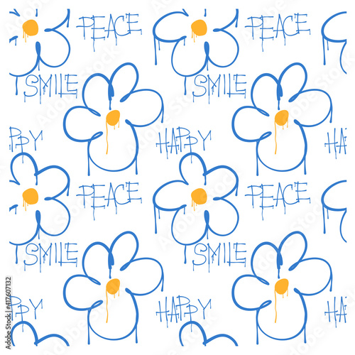 Seamless pattern of graffiti flowers and and the words happy, peace, smile. Image for a poster or cover. Vector illustration. Repeating texture. Figure for textiles.