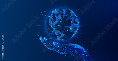 A human hand or palm holds the Planet Earth. Digital image of the globe. Low poly blue. Polygonal abstract illustration of technology. Digital vector illustration of the world as a starry 