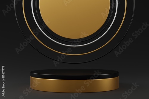 Black gold cylinder podium and black silver gold ring on gradient gray background.