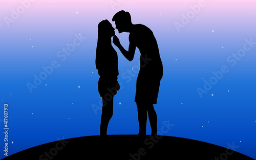 vector illustration image of a black silhouette of a guy in breeches topless to the waist, holding a girl standing in front of him by the chin against a background of a gradient starry sky