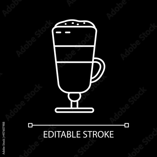 Latte macchiato white linear icon for dark theme. Layered coffee drink in glass cup. Thin line customizable illustration. Isolated vector contour symbol for night mode. Editable stroke