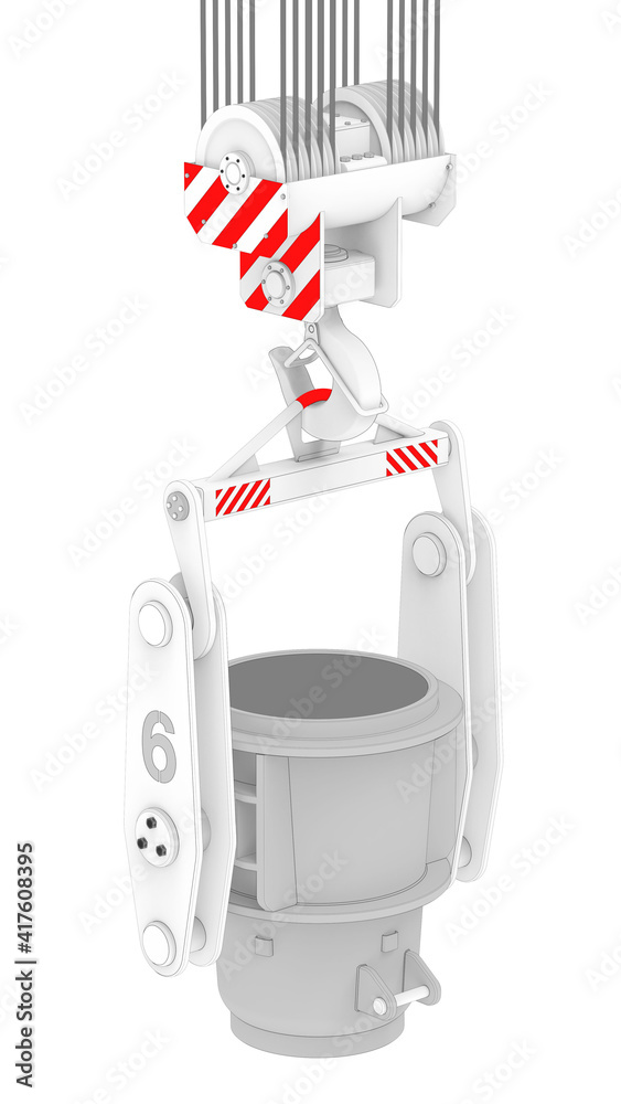 3D render of a steel bucket on a lifting beam suspended from a crane hook (sketch) 3D render of a steel bucket on a lifting beam suspended from a crane hook (sketch)