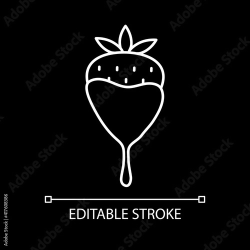 Strawberry in melted chocolate white linear icon for dark theme. Valentine treat. Romantic dessert. Thin line customizable illustration. Isolated vector contour symbol for night mode. Editable stroke