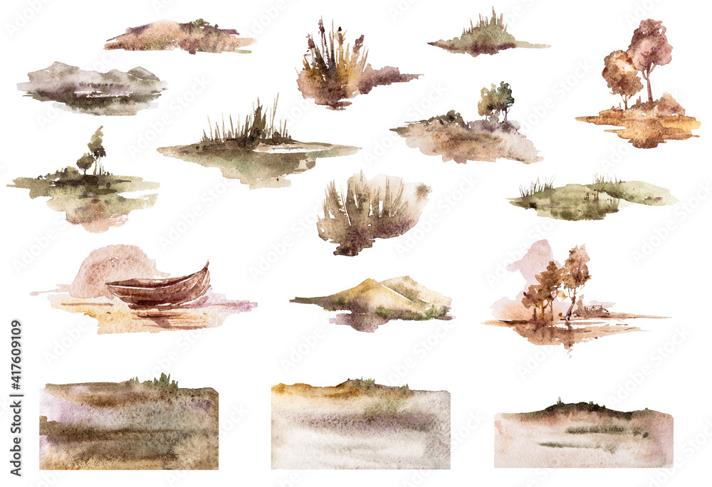 Fototapeta premium Abstract grey watercolor landscape clipart and background texture. Perfect for invitation card template, poster, print, sublimation. Painting in beige and green color. Fluid art painting background