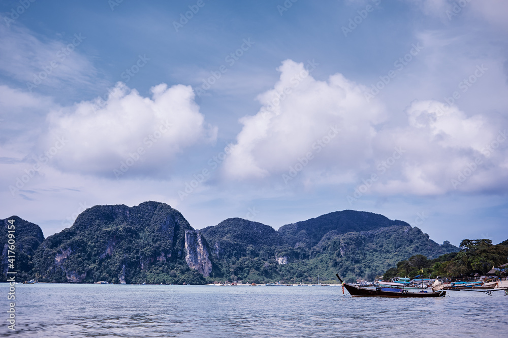 Beautiful landscape with rocks, cliffs, tropical beach. Phi Phi Island, Thailand.