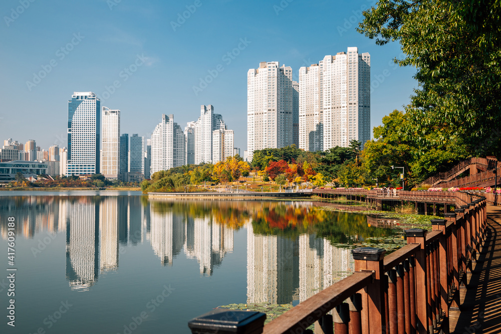 View of modern skyscrapers and Gwanggyo Lake Park in Suwon, Korea