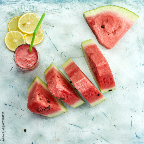 Fototapeta Naklejka Na Ścianę i Meble -  Fresh summer fruits background. Sweet watermelon slices. Watermelon fruit