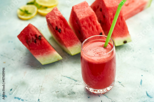 Super delicious and sweet watermelon juice on the glass. Fresh summer fruits background. Sweet watermelon slices. Watermelon fruit