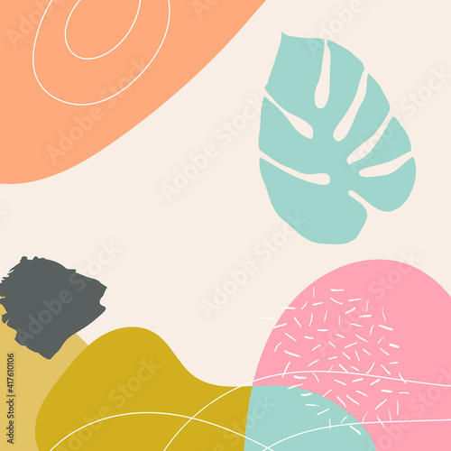 Abstract tropical background or posters with modern decorative design, pastel colors. Modern collage with leaves and shapes. vector illustration. 