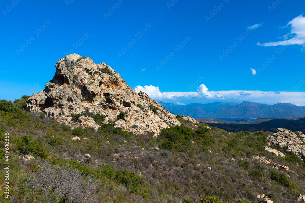 Impressive stone formation in the Mediterranean landscape of the Bavella Mountains with maquis bushes in the foreground.
Corsica, France Impressive stone formation in the Mediterranean landscape of the Bavella Mountains with maquis bushes in the foreground.
Corsica, France