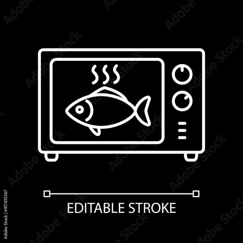 Roast fish in microwave white linear icon for dark theme. Fast cooking, seafood preparation. Thin line customizable illustration. Isolated vector contour symbol for night mode. Editable stroke