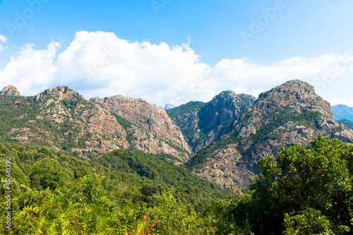Impressive stone formation in the Mediterranean landscape of the Bavella Mountains with maquis bushes in the foreground. Corsica, France