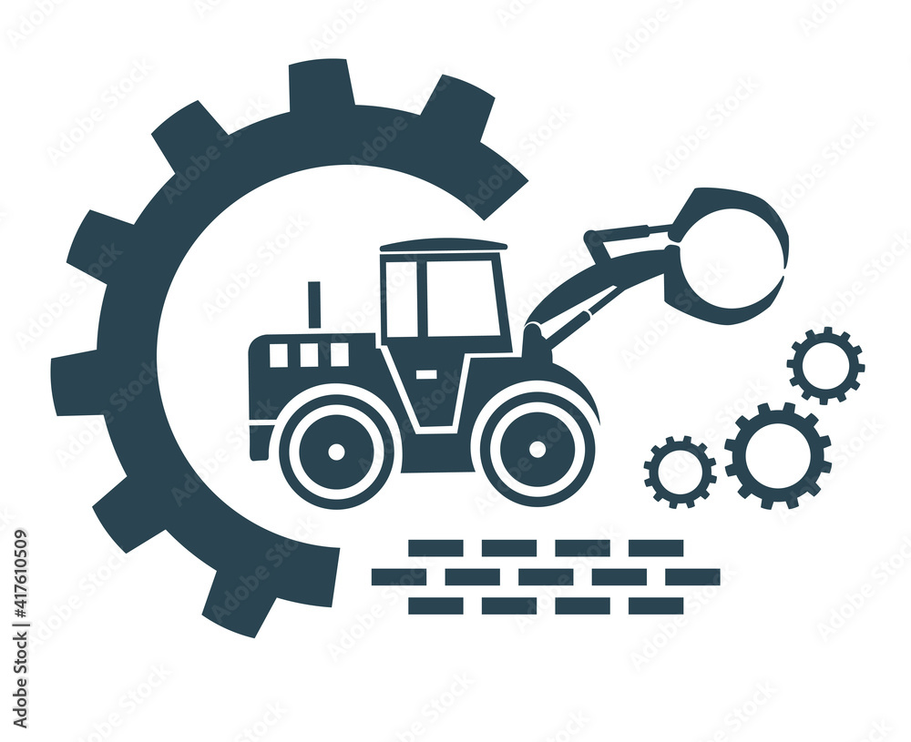 Vector icon of the tractor loader logo. Construction and special equipment, tractor.