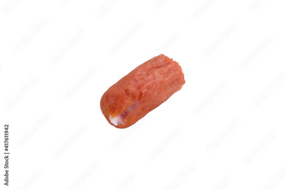Slice of bavarian hunting sausage on isolated white background Slice of bavarian hunting sausage on isolated white background
