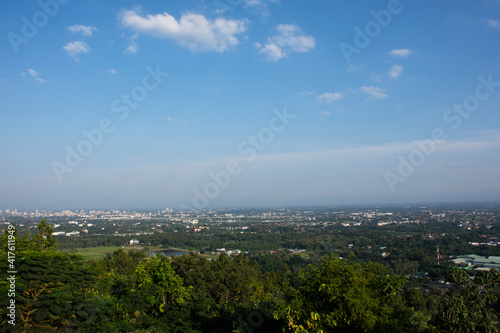 Aerial view landscape cityscape of Mae Hia city and Chiangmai capital from Wat Phra That Doi Kham or Temple of the Golden Mountain in Chiang Mai, Thailand