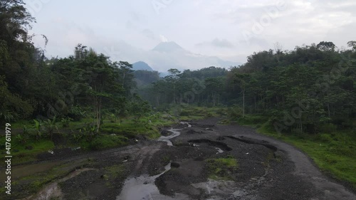 Aerial view of Mount Merapi Landscape with rice field and village in Yogyakarta, Indonesia Volcano Landscape View. photo