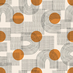 Gordijnen Stijlen patronen Vector contemporary seamless pattern with aesthetic hand drawn abstract shapes and geometric elements. Creative Mid Century minimalist bohemian contemporary design, print, poster, background  © Eireen