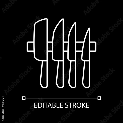 Knife rack white linear icon for dark theme. Professional cutlery. Wall mounted kitchen tools. Thin line customizable illustration. Isolated vector contour symbol for night mode. Editable stroke