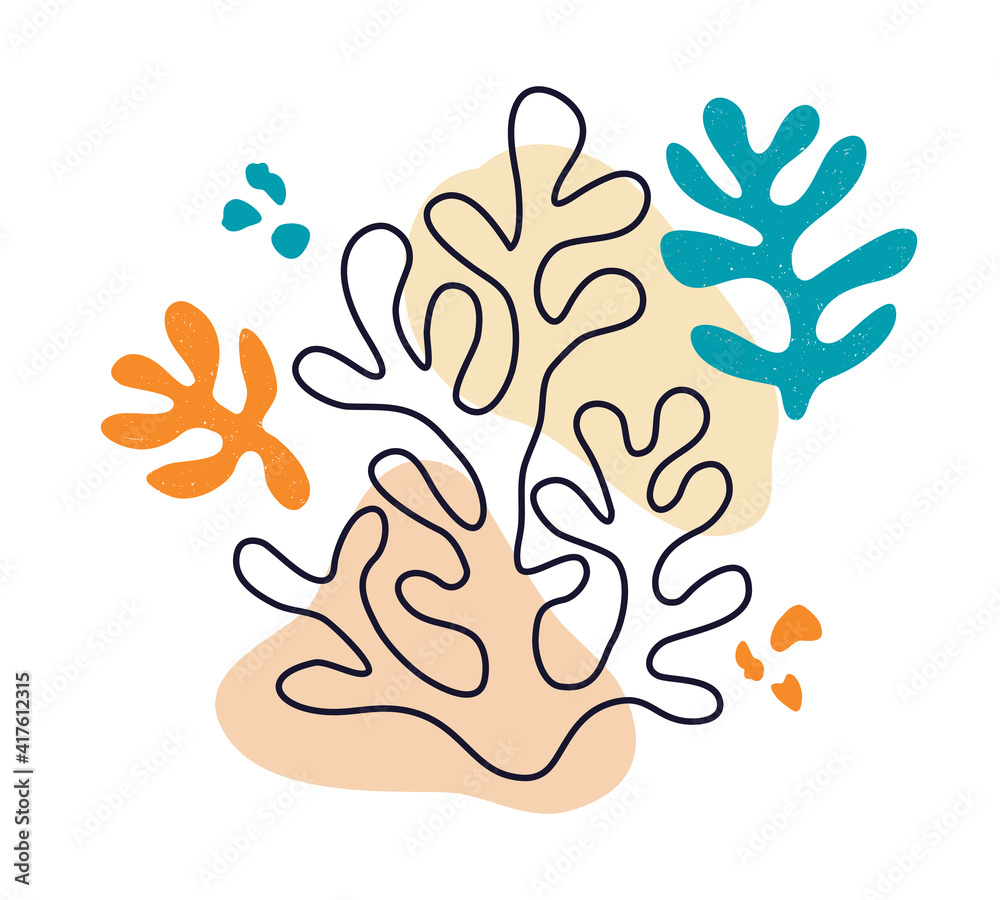 Vector contemporary composition with aesthetic hand drawn abstract leaves and fluid shape forms. Creative Matisse inspired floral illustration. Childish scandinavian background, wallpaper, print Vector contemporary composition with aesthetic hand drawn abstract leaves and fluid shape forms. Creative Matisse inspired floral illustration. Childish scandinavian background, wallpaper, print