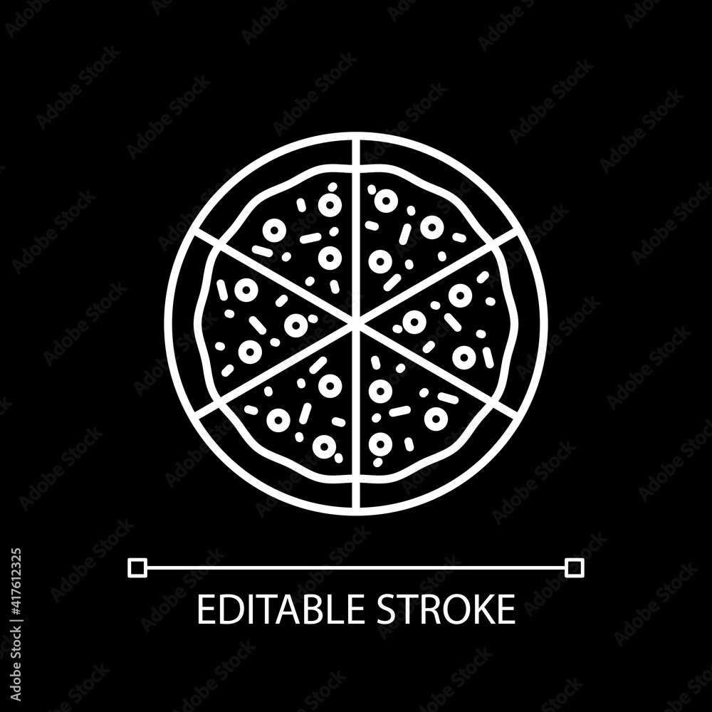 Cut pizza white linear icon for dark theme. Fast food delivery. Pizzeria take out. Thin line customizable illustration. Isolated vector contour symbol for night mode. Editable stroke Cut pizza white linear icon for dark theme. Fast food delivery. Pizzeria take out. Thin line customizable illustration. Isolated vector contour symbol for night mode. Editable stroke