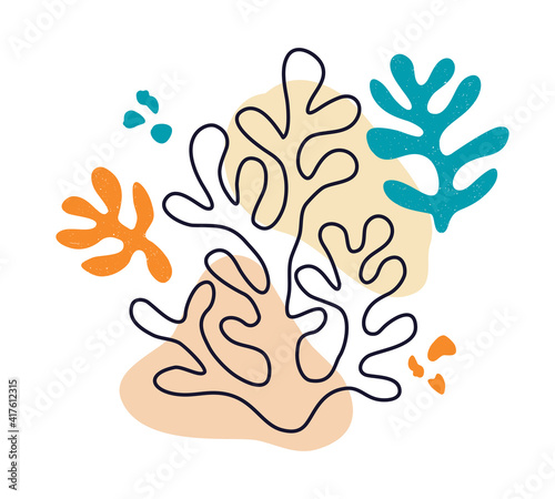 Vector contemporary composition with aesthetic hand drawn abstract leaves and fluid shape forms. Creative Matisse inspired floral illustration. Childish scandinavian background, wallpaper, print