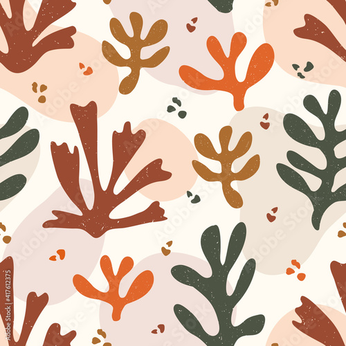 Vector contemporary seamless pattern with aesthetic hand drawn abstract leaves and fluid shape forms. Creative Matisse inspired floral pattern. Childish scandinavian background, wallpaper, apparel