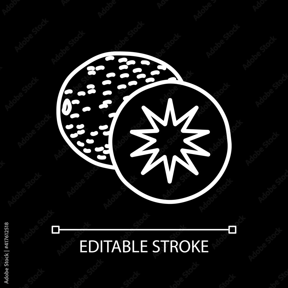 Kiwi white linear icon for dark theme. Cut fruit. Nutrition and dietary. Fresh food. Thin line customizable illustration. Isolated vector contour symbol for night mode. Editable stroke Kiwi white linear icon for dark theme. Cut fruit. Nutrition and dietary. Fresh food. Thin line customizable illustration. Isolated vector contour symbol for night mode. Editable stroke